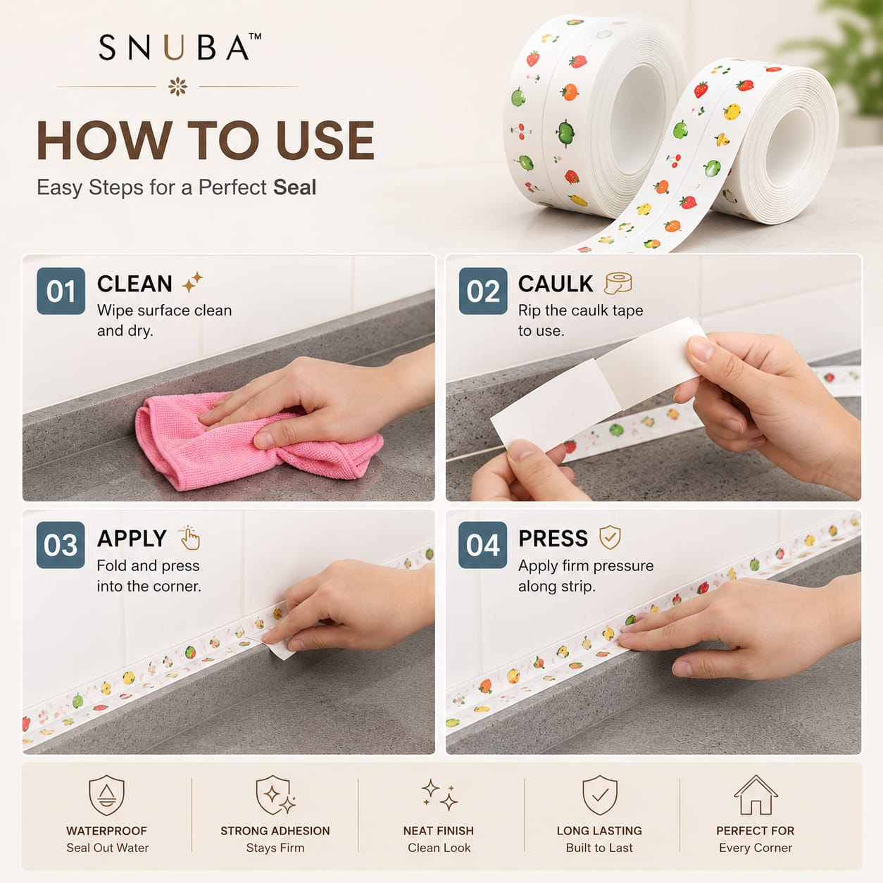 Waterproof & Oil-Proof Self Adhesive Caulk Tape – for Kitchen & Bathroom (Pack of 2 Tape Sets)