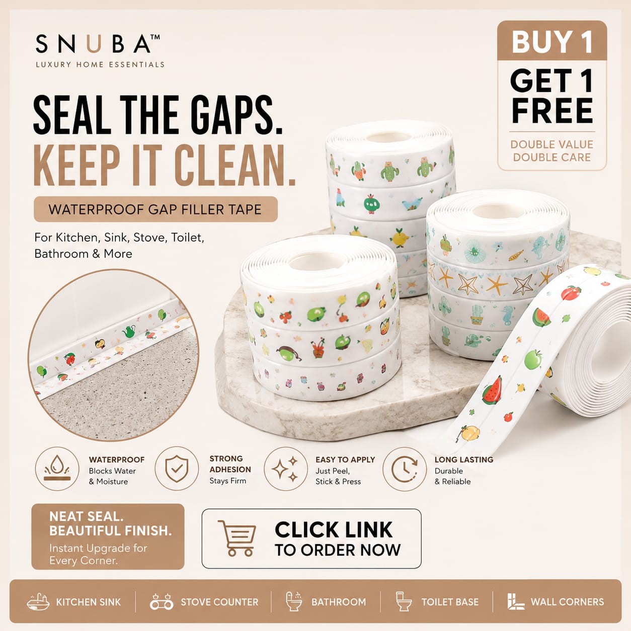 Waterproof & Oil-Proof Self Adhesive Caulk Tape – for Kitchen & Bathroom (Pack of 2 Tape Sets)