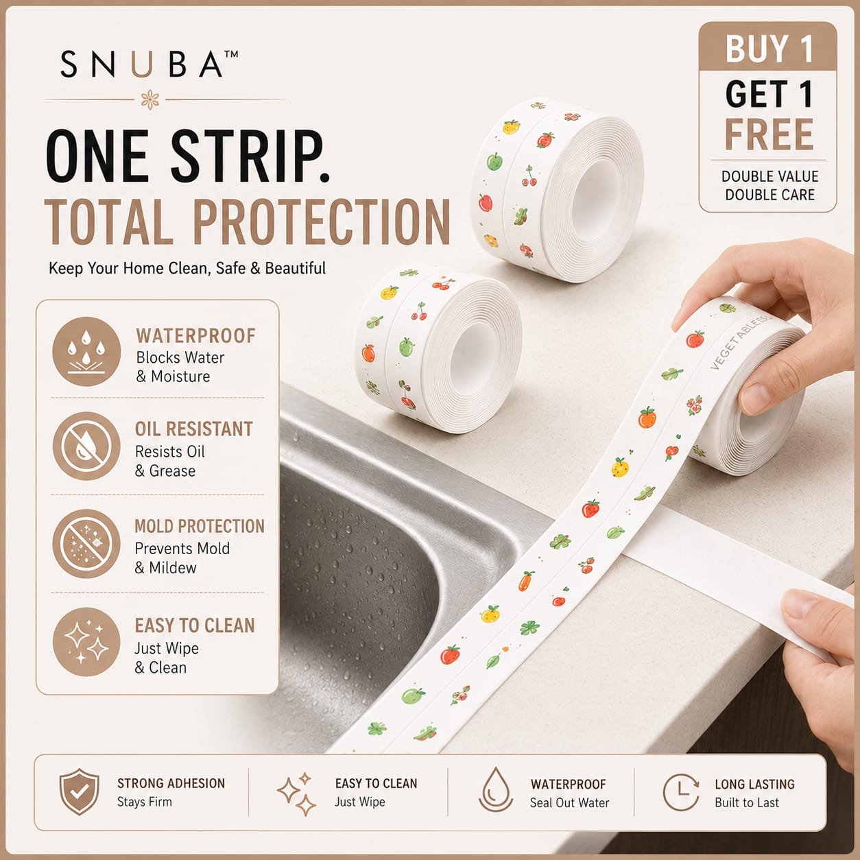 Waterproof & Oil-Proof Self Adhesive Caulk Tape – for Kitchen & Bathroom (Pack of 2 Tape Sets)